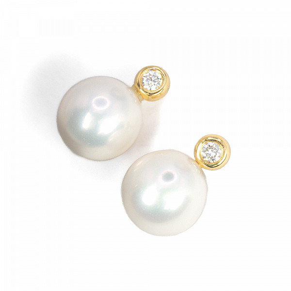 Image of 10mm Natural Pearl and Natural Diamond Stud Earrings in Yellow Gold