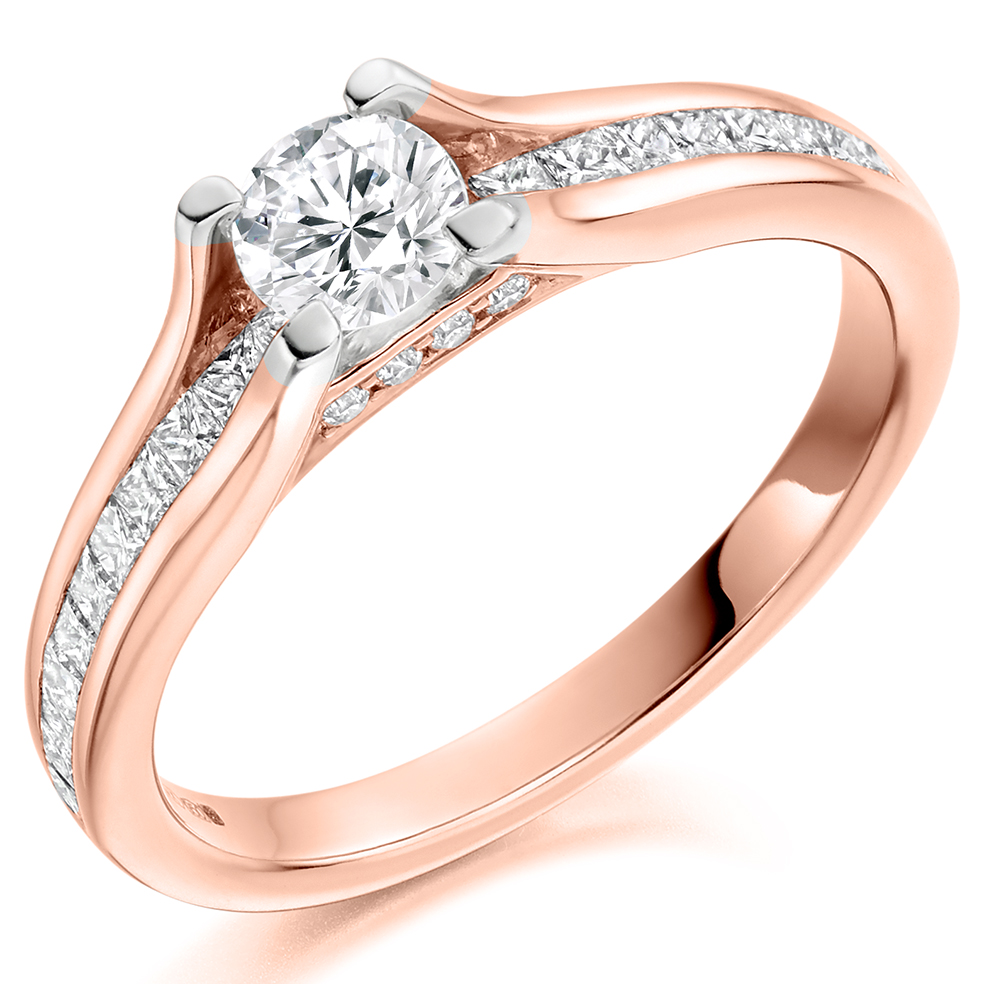 Image of Rose Gold Round Brilliant Solitaire with Diamond Set Shoulders Engagement Ring