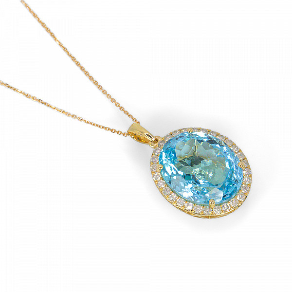 Image of 16.00ct Natural Oval Cut Blue Topaz and Natural Diamond Pendant in Yellow Gold