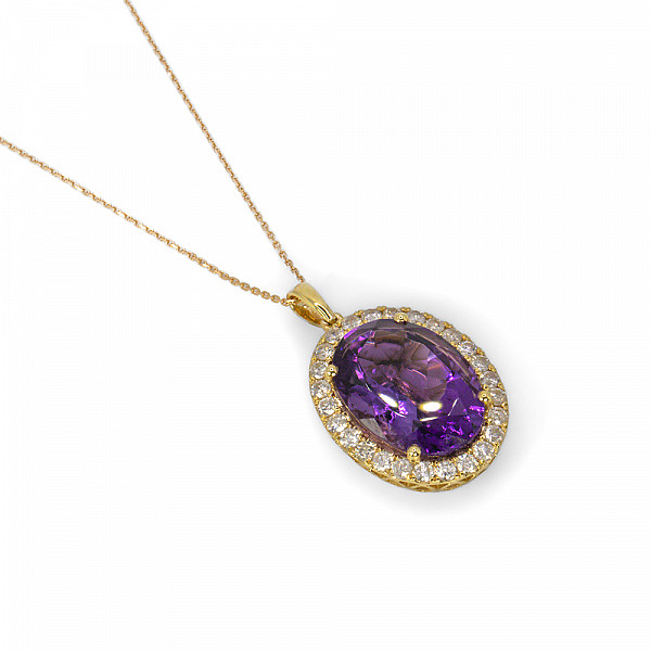 Image of 11.00ct Natural Oval Cut Amethyst and Natural Diamond Pendant in Yellow Gold