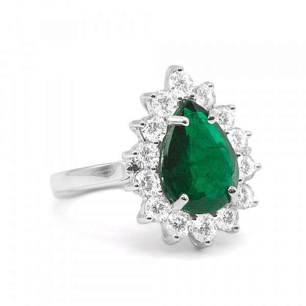 Image of 4.34ct Natural Pear Cut Emerald and Natural Diamond Cluster Ring in White Gold