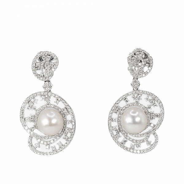 Image of 10mm Natural White Pearl in Natural Diamond Swirl Drop Earrings in White Gold