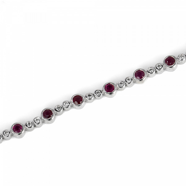 Image of 1.00ct Natural Round Cut Ruby and Natural Diamond Bracelet in Rub-over Setting in White Gold
