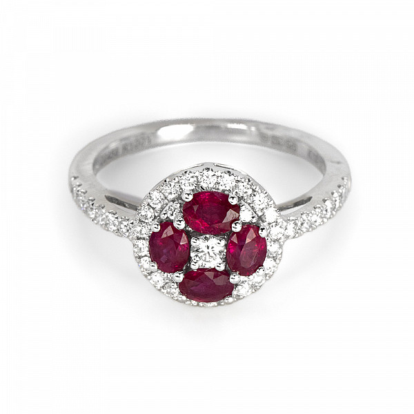 Image of 1.00ct Natural Ruby and Natural Diamond Cluster Ring in White Gold