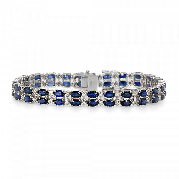 Image of 15.50ct Natural Blue Sapphire and Natural Diamond Fancy Double Row Bracelet in White Gold