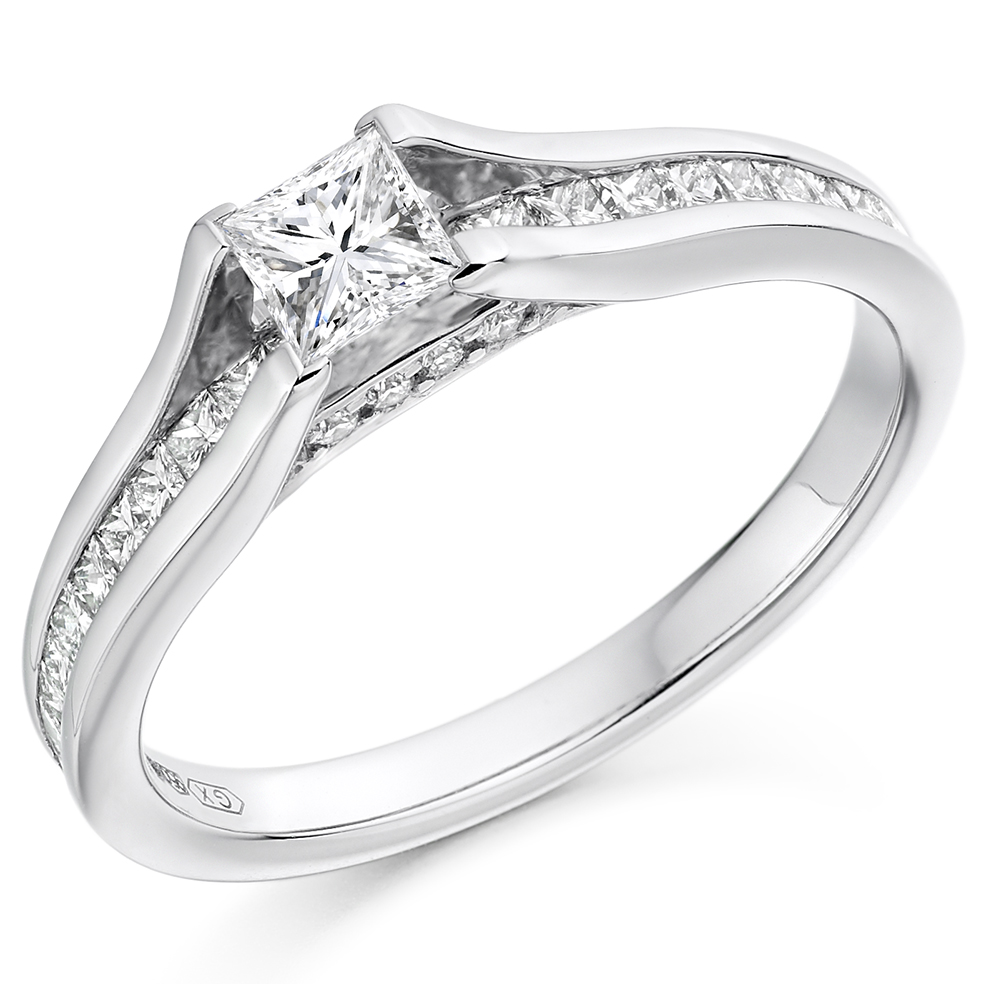 Image of Platinum Princess Cut Solitaire with Diamond Set Shoulders Engagement Ring