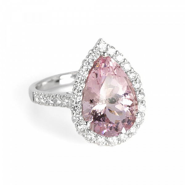 Image of 4.72ct Natural Pear Cut Pink Morganite and Natural Diamond Halo Ring in White Gold