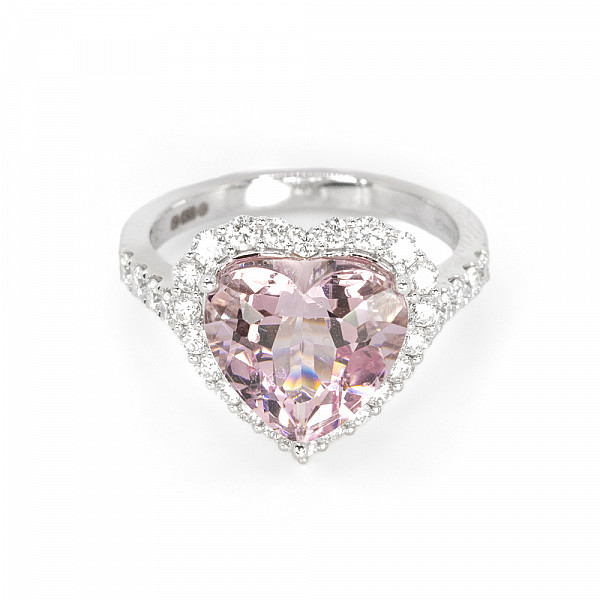Image of 4.43ct Natural Heart Cut Pink Morganite and Natural Diamond Halo Ring in White Gold