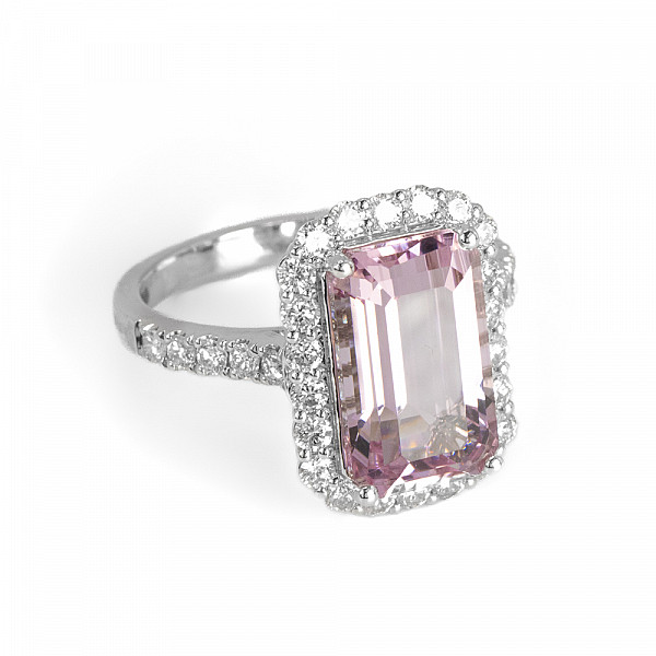 Image of 4.95ct Natural Emerald Cut Pink Morganite and Natural Diamond Halo Ring in White Gold