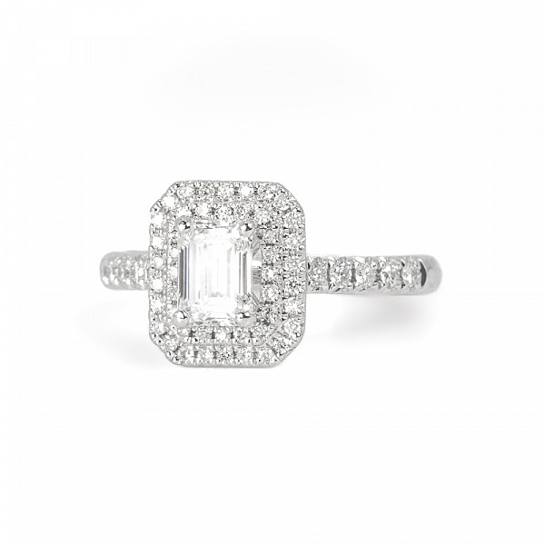 Image of 0.67ct Natural Emerald Cut Diamond with Natural Double Diamond Halo and Diamond Shoulders Ring in Platinum
