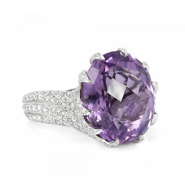 Image of 16.31ct Natural Briolette Cut Amethyst in a Twisted Natural Diamond Setting in White Gold