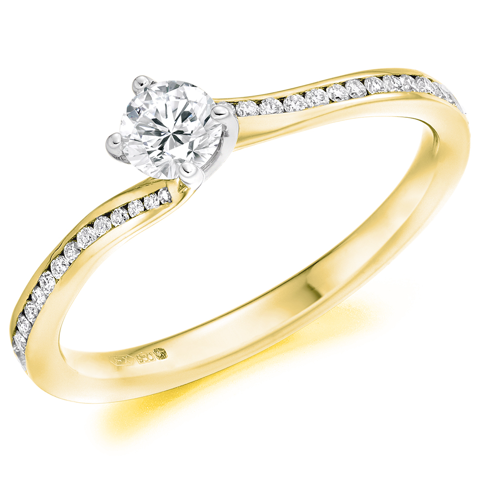 Image of Yellow Gold Round Brilliant Solitaire with Diamond Set Shoulders Engagement Ring