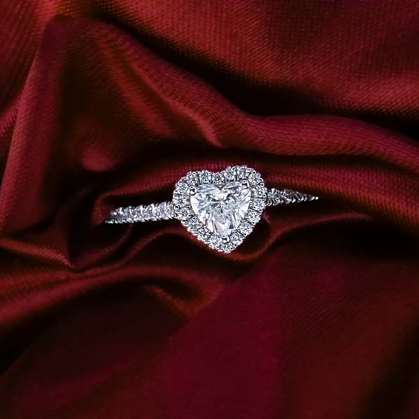 Image of 0.37ct Natural Heart Brilliant Cut Diamond Halo with Natural Diamond Set Shoulders Ring in Platinum