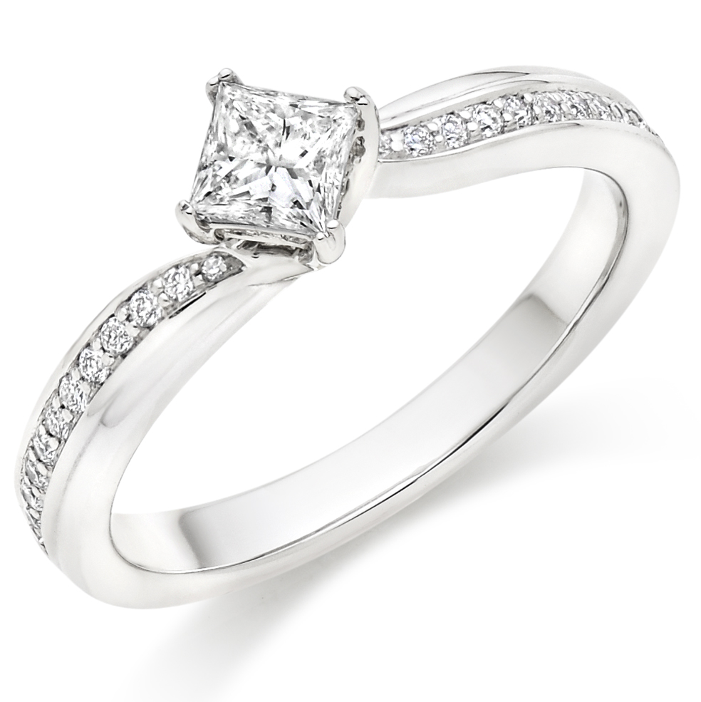 Image of White Gold Princess Cut Solitaire with Diamond Set Shoulders Engagement Ring