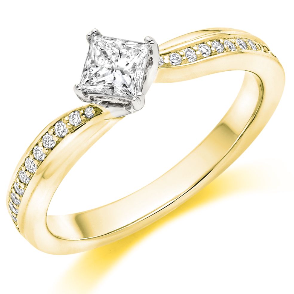 Image of Yellow Gold Princess Cut Solitaire with Diamond Set Shoulders Engagement Ring
