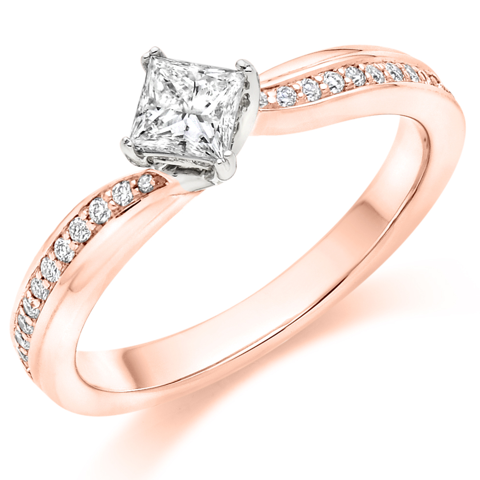 Image of Rose Gold Princess Cut Solitaire with Diamond Set Shoulders Engagement Ring