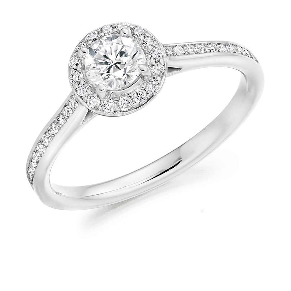 Image of White Gold Round Brilliant Halo with Diamond Set Shoulders Engagement Ring