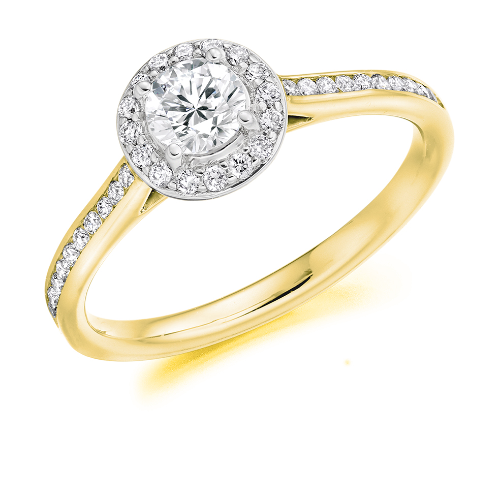 Image of Yellow Gold Round Brilliant Halo with Diamond Set Shoulders Engagement Ring