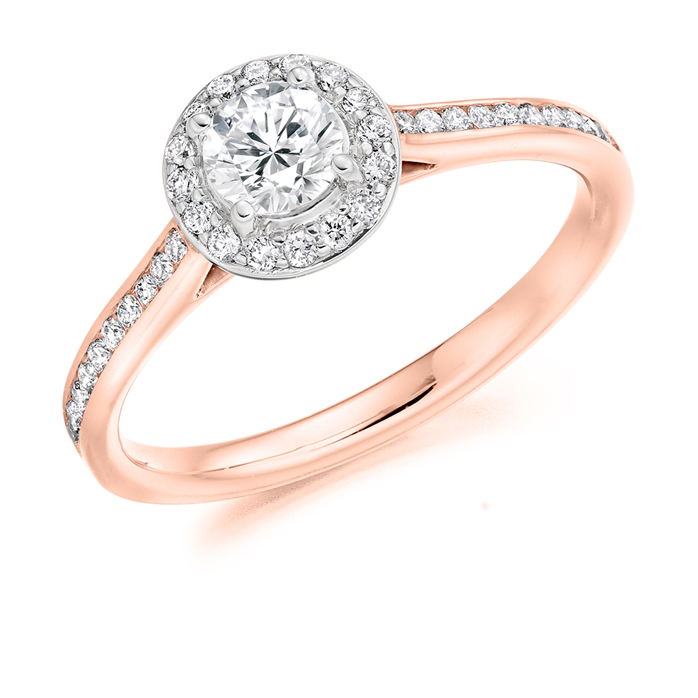 Image of Rose Gold Round Brilliant Halo with Diamond Set Shoulders Engagement Ring
