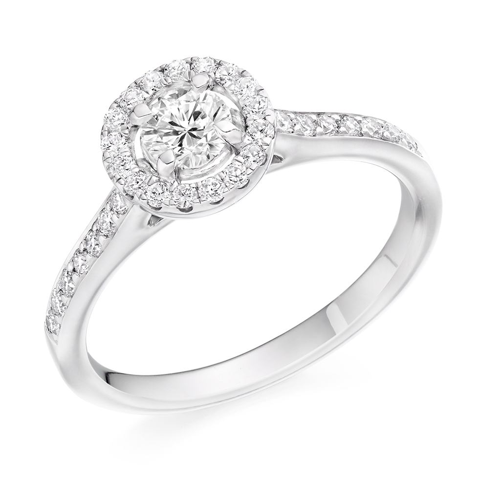 Image of Platinum Round Brilliant Halo with Diamond Set Shoulders Engagement Ring