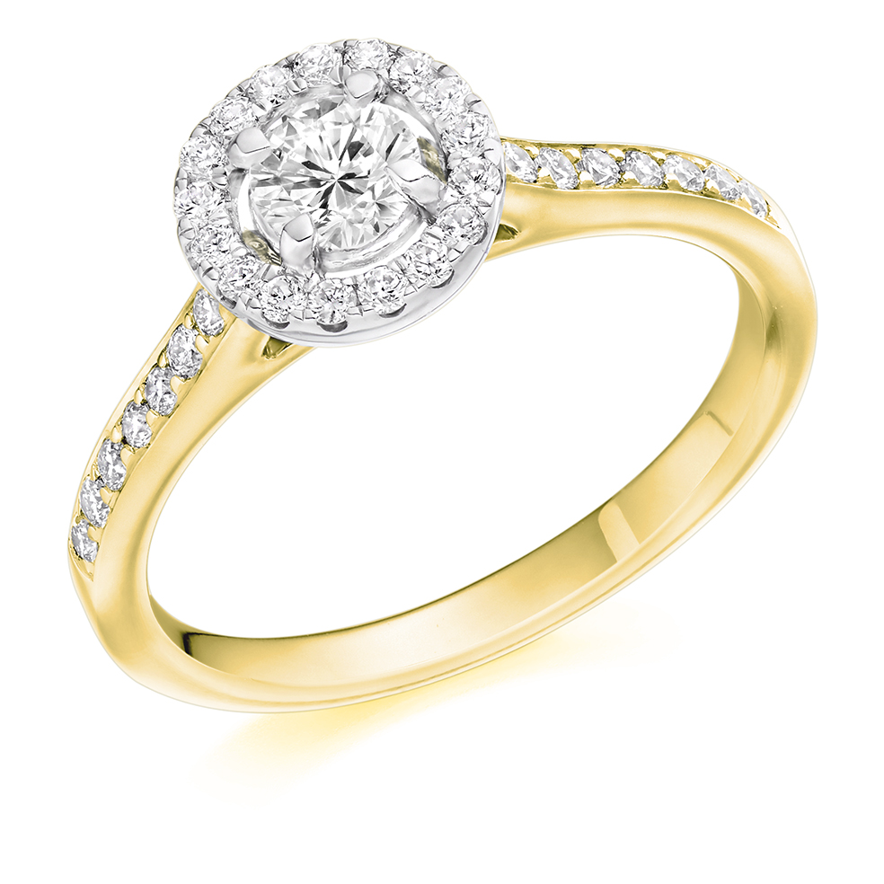 Image of Yellow Gold Round Brilliant Halo with Diamond Set Shoulders Engagement Ring