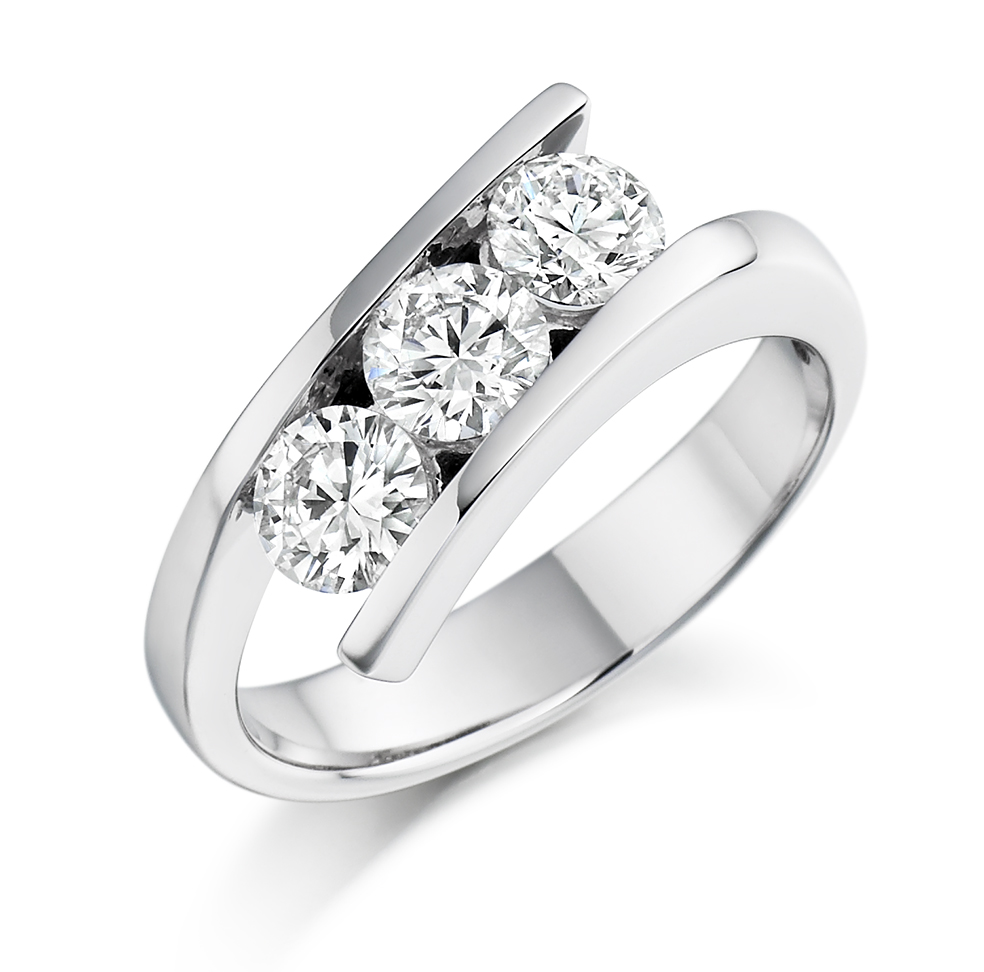 Image of White Gold Round Brilliant Trilogy Set with Plain Shoulders Trilogy Ring